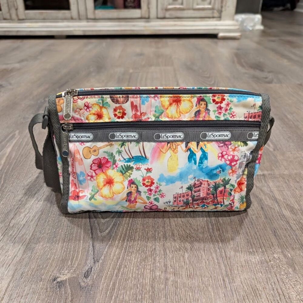 LeSportsac Hawaii Hula Dancer Pink Palace Hibiscus Floral Crossbody Bag Purse